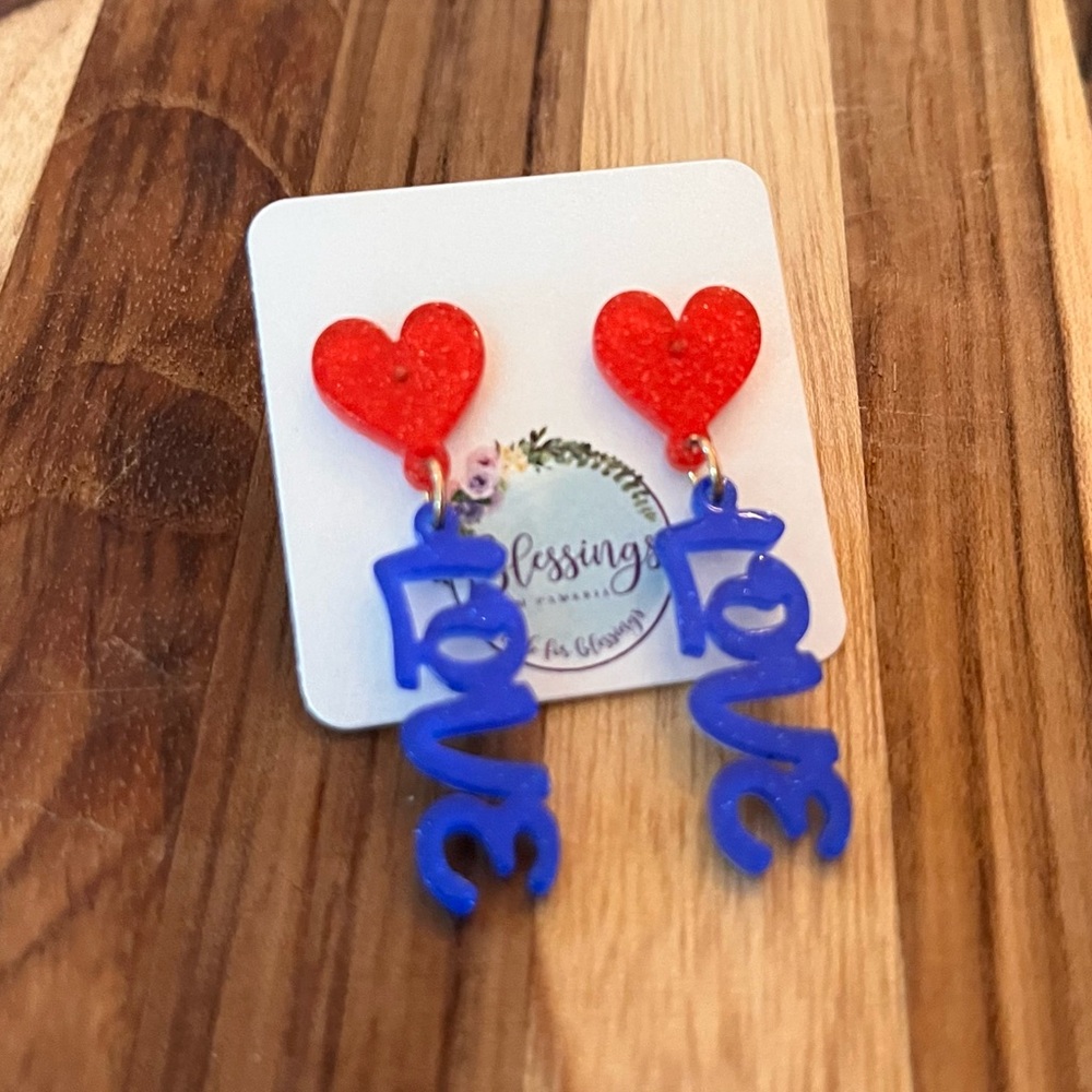 Red and Blue Heart Love Patriotic Lazer Cut Earrings